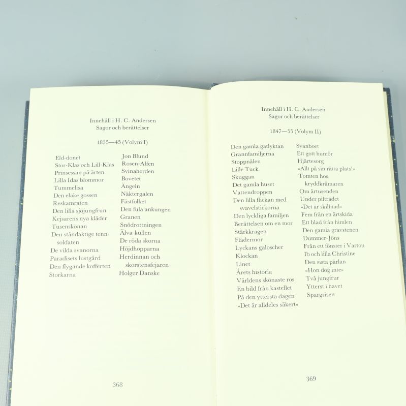Innehållsförteckning med lista över sagor i två volymer