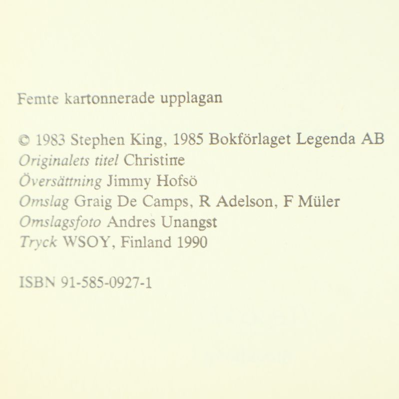 Närbild på tryckuppgifter och ISBN i Christine av Stephen King