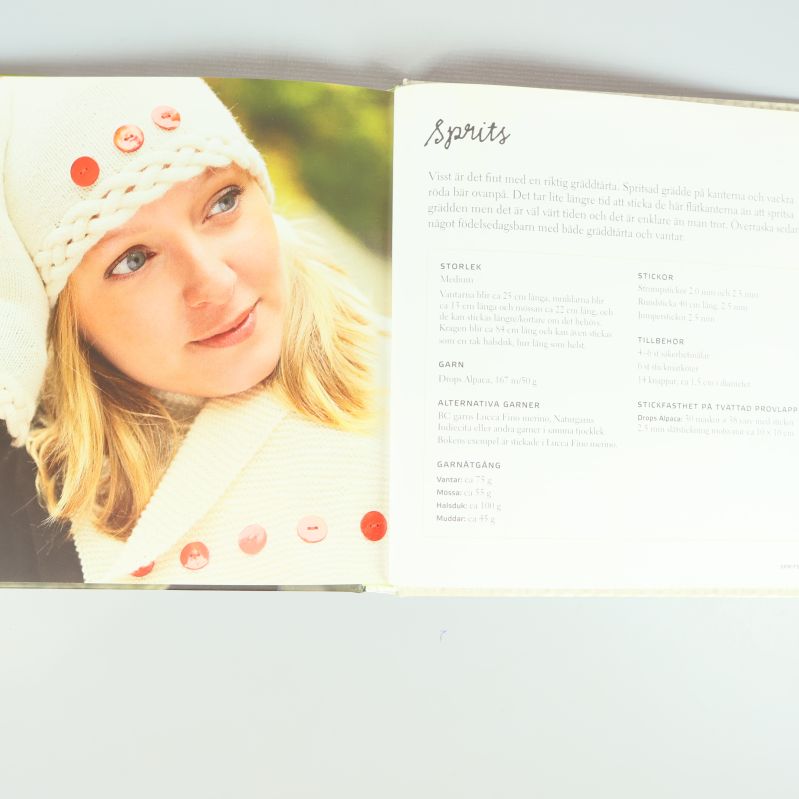 Uppslag med foto av modell i mössa och halsduk samt stickbeskrivning