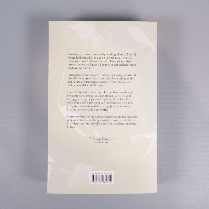 Baksida av Årstider av Stephen King med sammanfattning och ISBN