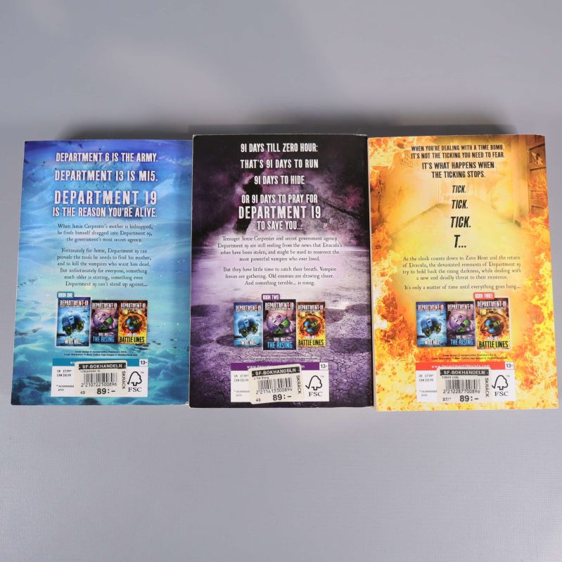 Baksidor med texter och streckkoder på Department 19-böcker