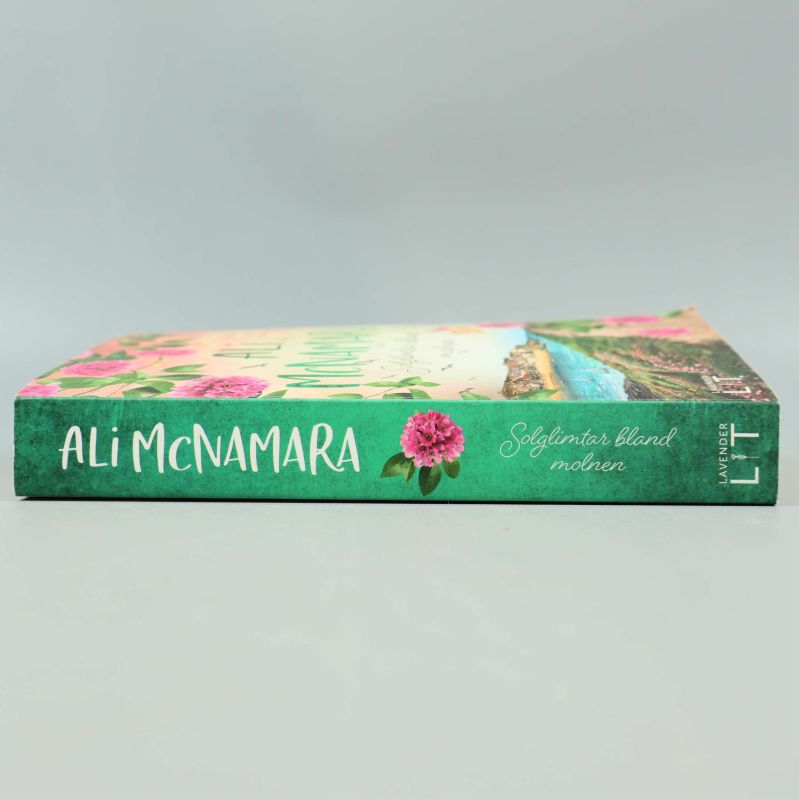 Bokrygg på Solglimtar bland molnen med titel och författare