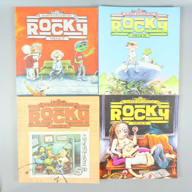 Framsidor av Rocky volym 13, 14, 15 och 16, illustrerade i färg