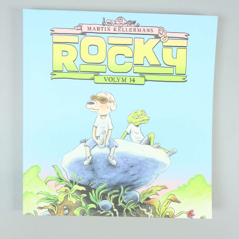 Framsida av Rocky volym 14 med två tecknade figurer på sten