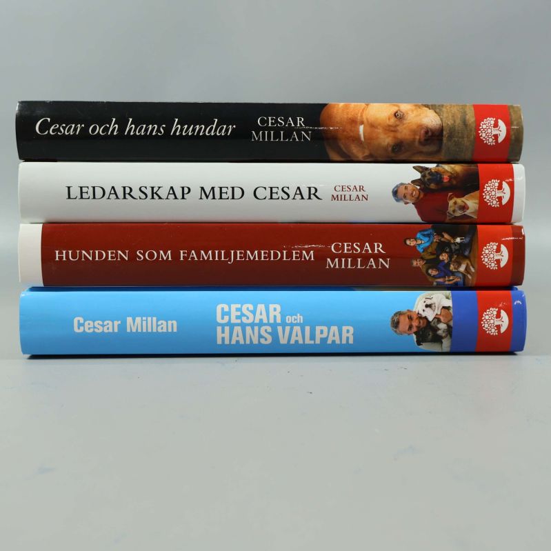 Ryggar på fyra böcker av Cesar Millan staplade sida vid sida