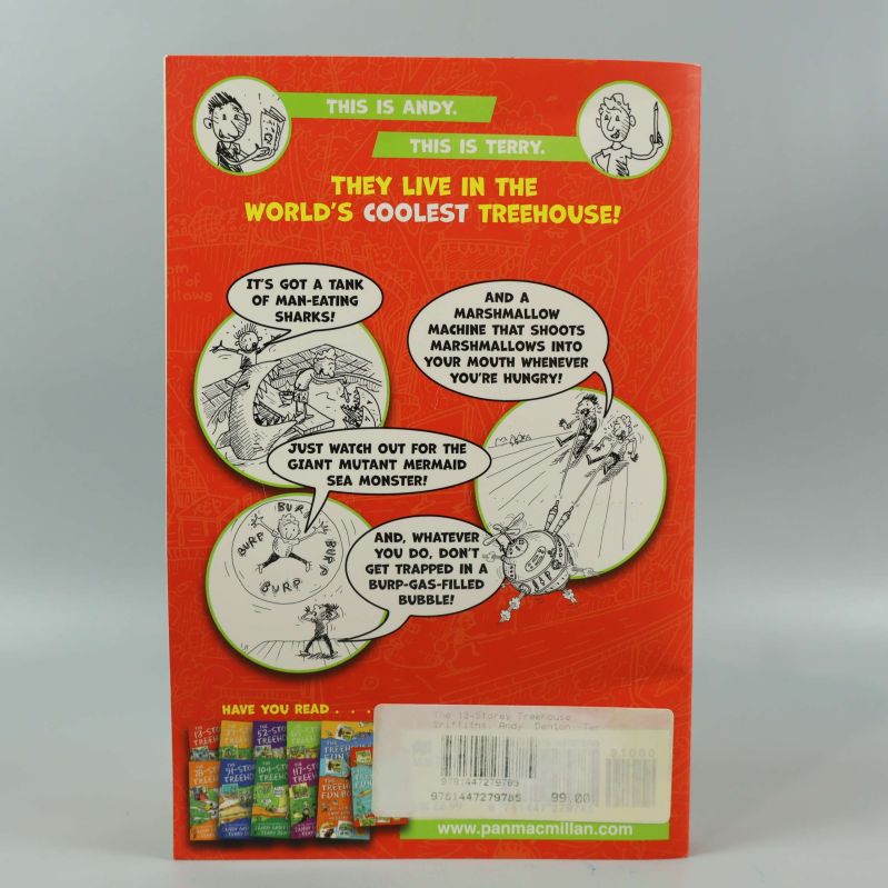 Baksidan av The 13-Storey Treehouse med pratbubblor och ISBN-nummer