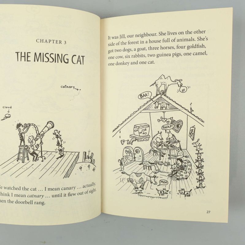 Uppslag med kapitel och illustration ur The 13-Storey Treehouse