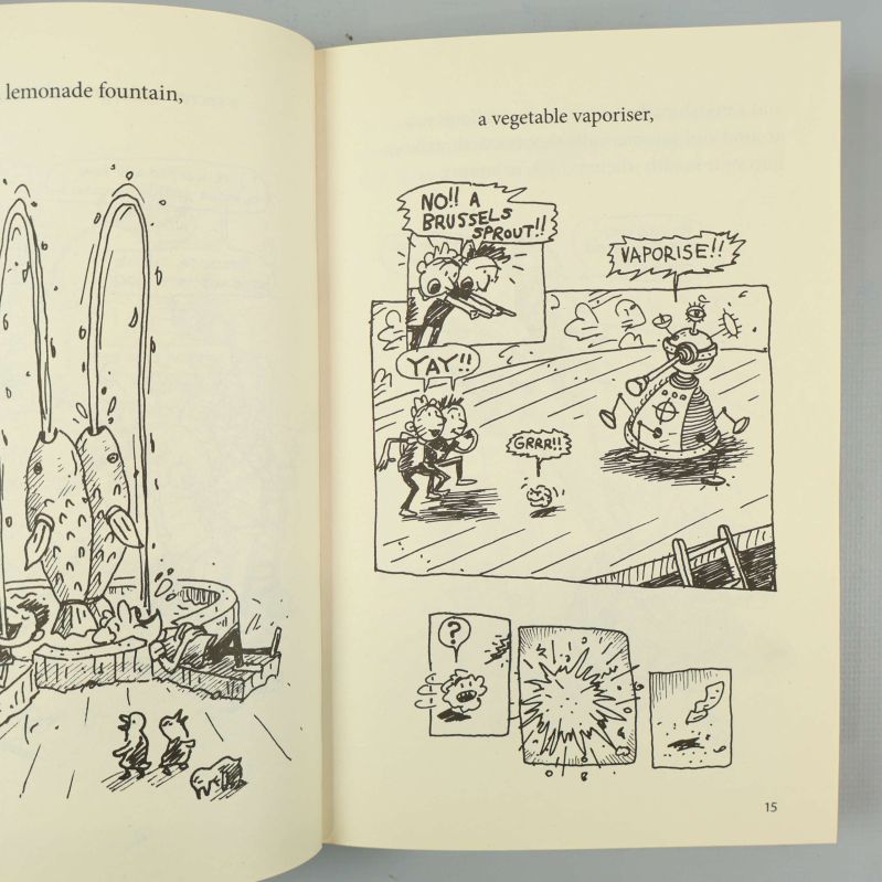 Uppslag med illustrationer och pratbubblor ur The 13-Storey Treehouse