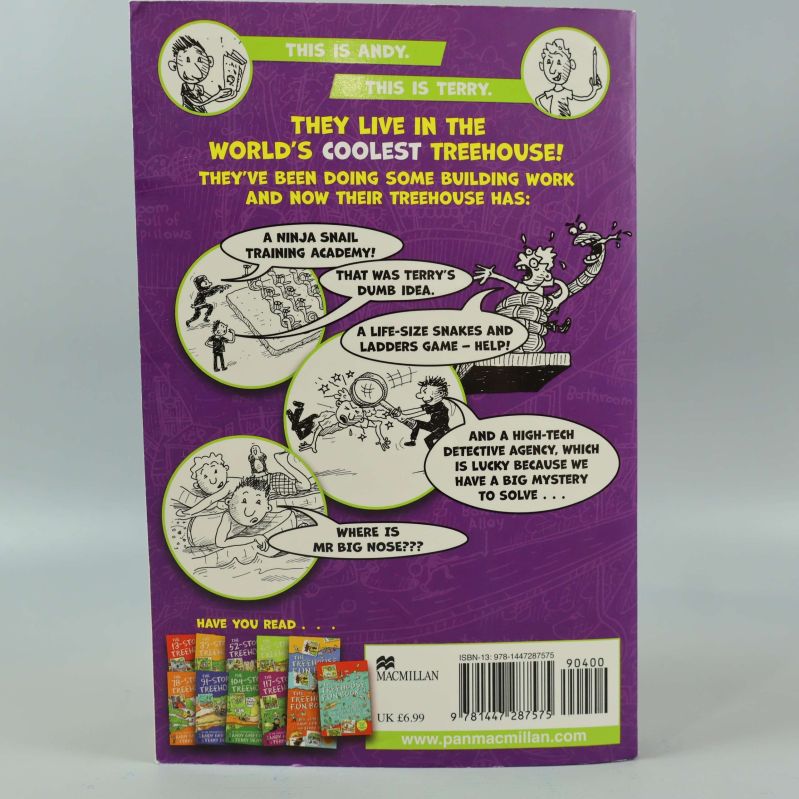 Baksidan av boken The 52-storey Treehouse med beskrivande text och illustrationer
