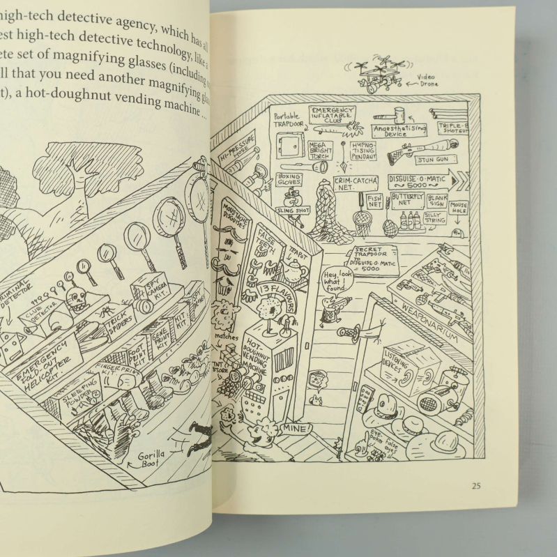 Illustrerad insida från The 52-storey Treehouse med tecknade figurer