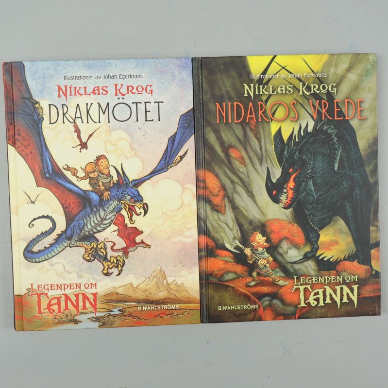 Två böcker: Drakmötet och Nidaros vrede ur serien Legenden om Tann med färgglada omslag