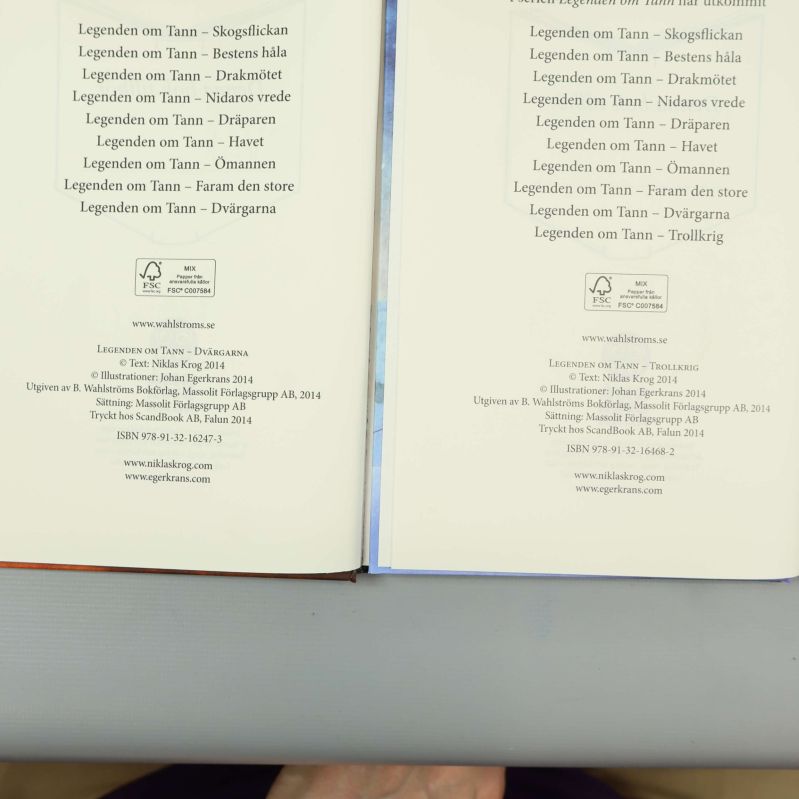 Sida med utgivningsinformation och ISBN i båda Legenden om Tann-böckerna