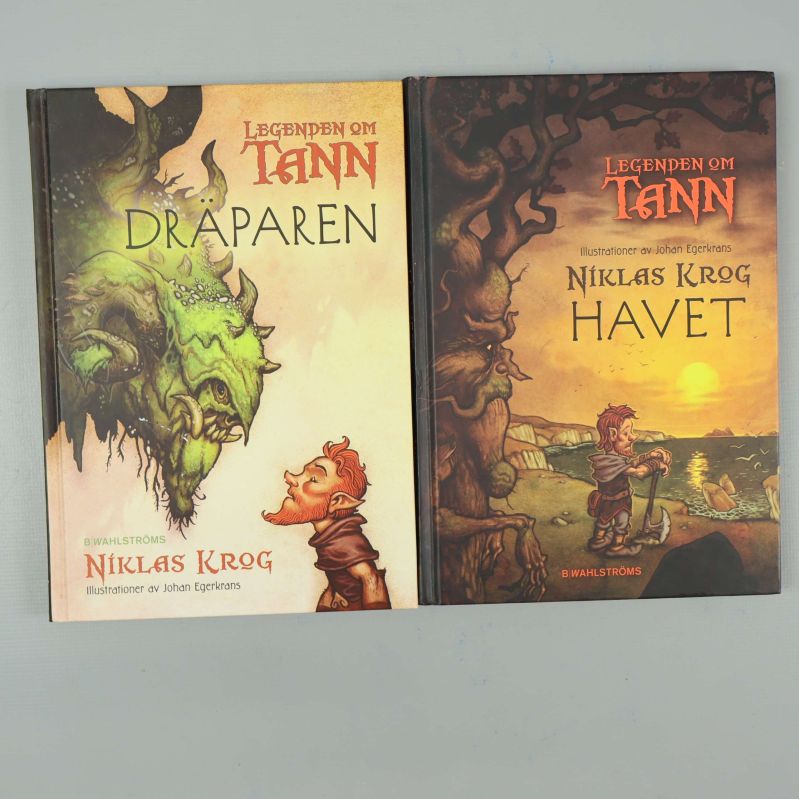 Två bokomslag: Legenden om Tann Dräparen och Havet med fantasifulla illustrationer