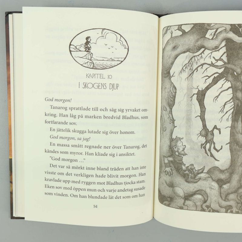 Uppslag ur Legenden om Tann med kapitel, text och trädillustration