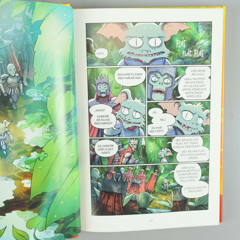 Färgstark seriesida ur Amulett med tecknade figurer och dialog