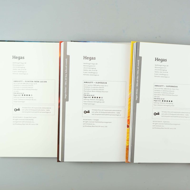 Försättsblad med utgivningsinfo och ISBN för Amulett del 6-8