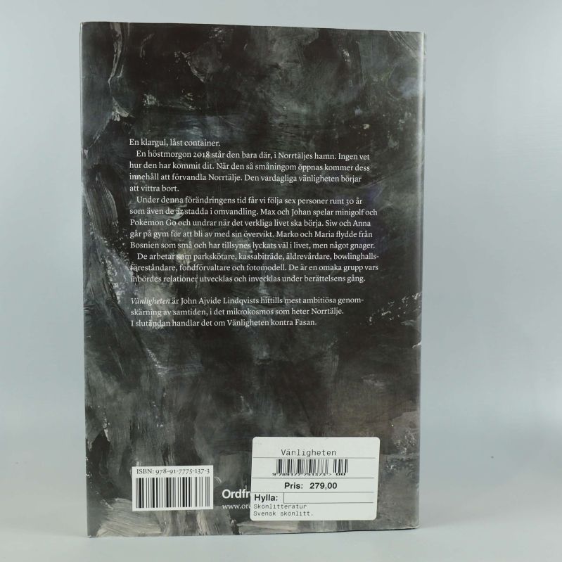 Baksida av Vänligheten med text, streckkod och ISBN