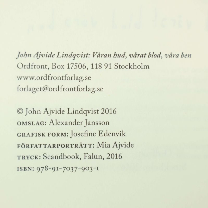 Titelblad med ISBN och publiceringsinformation i Våran hud vårt blod våra ben
