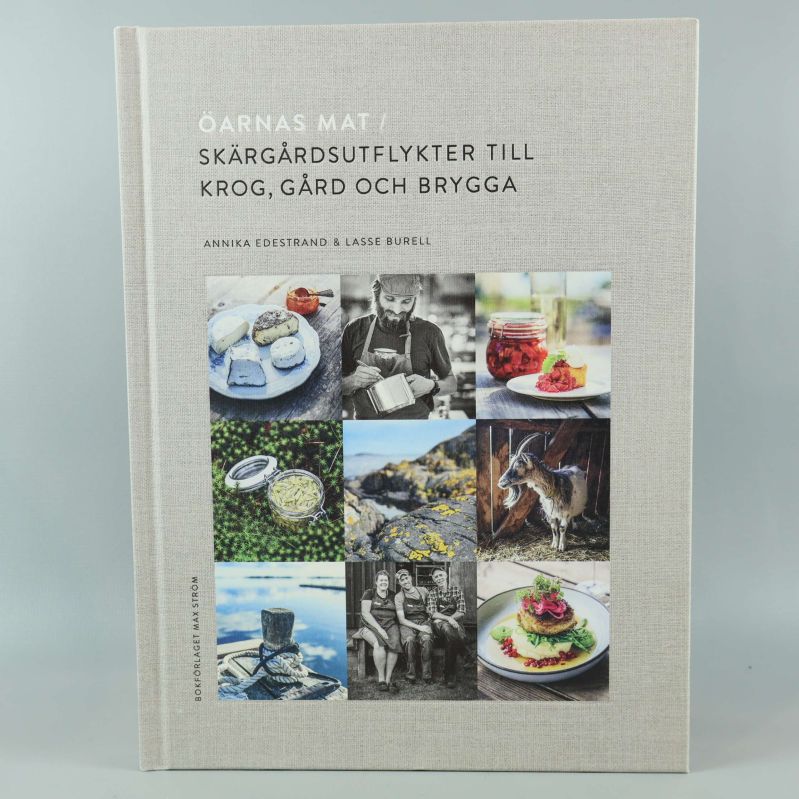 Framsidan av boken Öarnas mat med matt linneomslag och färgglada fyrkantiga bilder