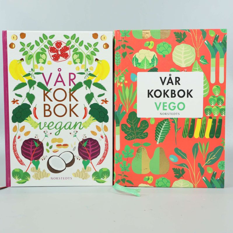 Framsidor av Vår kokbok vegan och Vår kokbok vego med färgglada illustrationer