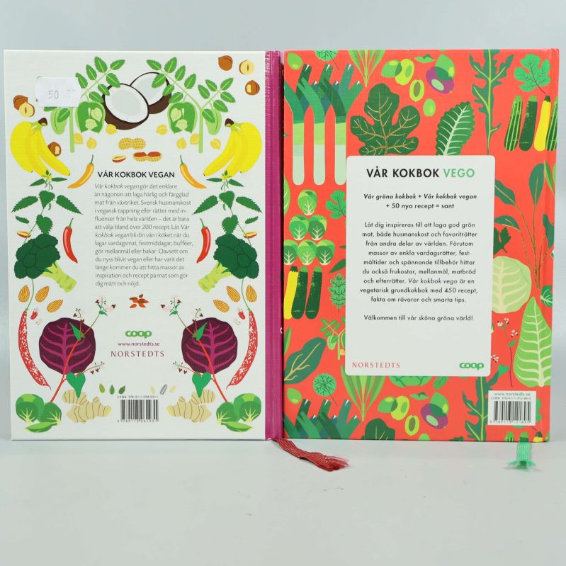 Baksidor av Vår kokbok vegan och Vår kokbok vego med beskrivningar och ISBN-koder