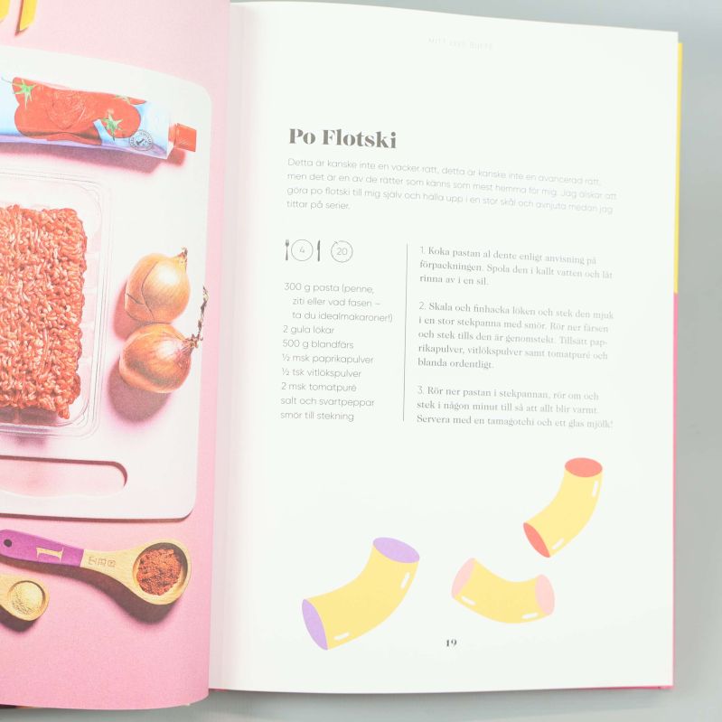 Uppslag med receptet Po Flotski och illustrationer av pasta