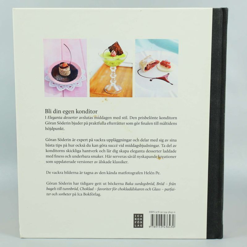 Baksidan av boken med beskrivning och tre dessertbilder