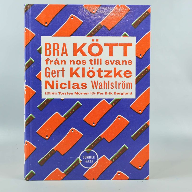 Framsida av boken Bra kött från nos till svans med grafiskt mönster av slaktborrar