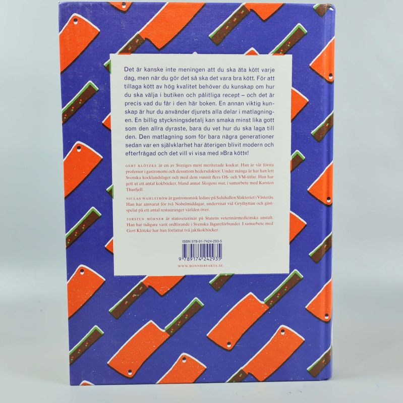 Baksida av boken Bra kött från nos till svans med beskrivande text och ISBN
