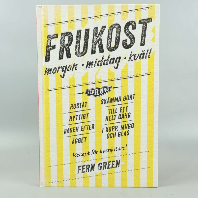 Bokens framsida med texten Frukost morgon middag kväll och gula ränder