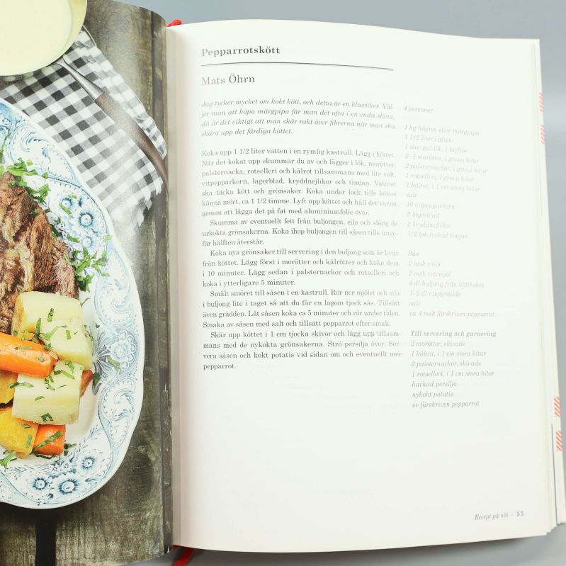 Uppslag med recept på Pepparrotskött och färgrikt matfoto