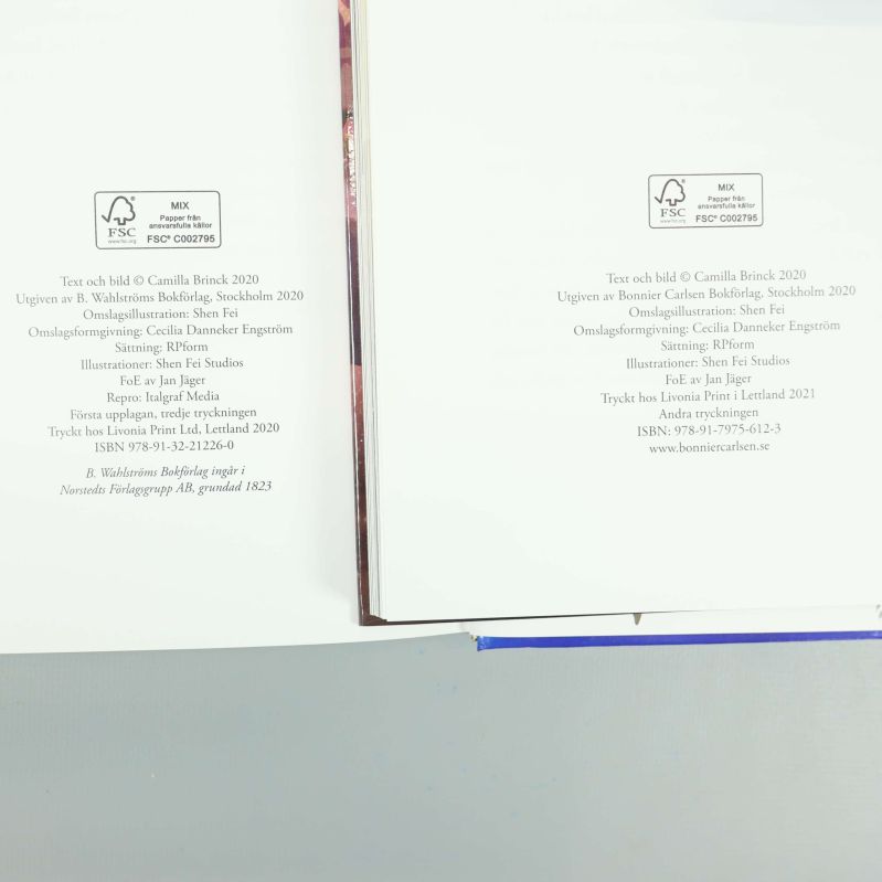 Närbild på copyright och ISBN-information för två Musse & Helium-böcker