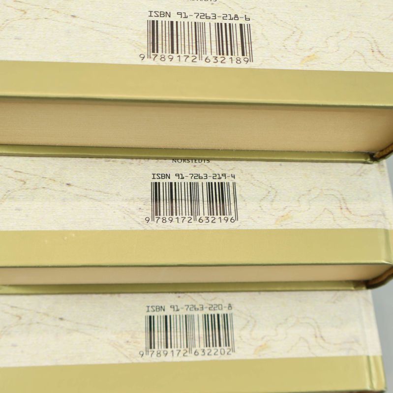 Närbild på ISBN-nummer och streckkoder på baksidan av de tre böckerna