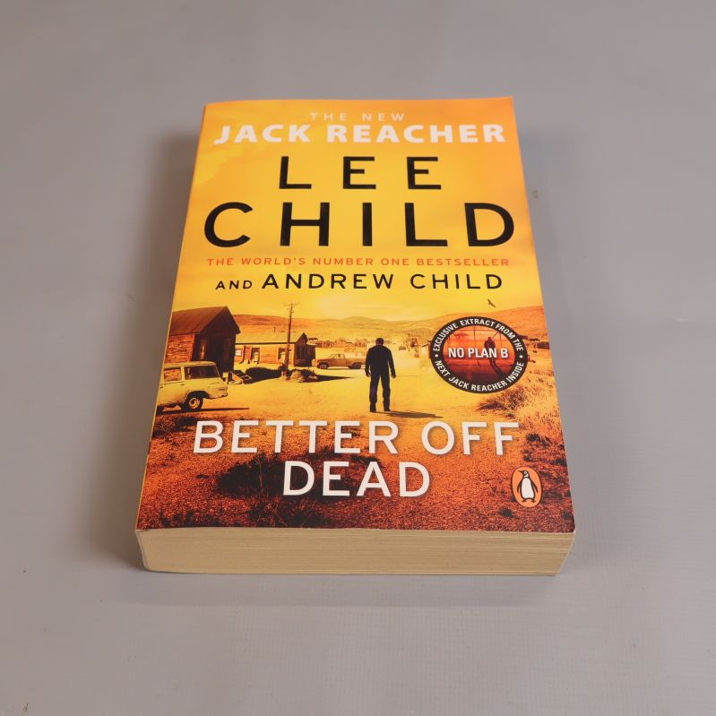 Framsidan av Better off dead av Lee Child och Andrew Child, starkt gul-orange omslag