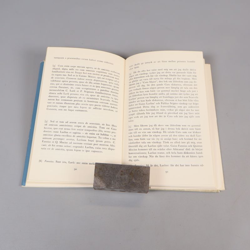 Uppslag med text på svenska och latin inuti boken