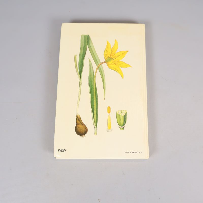 Baksida av Nordens Flora med illustrerad gul blomma och ISBN-nummer