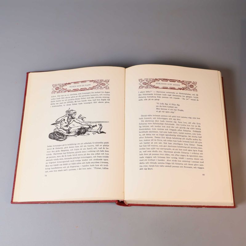 Uppslagen bok med illustration och svensk text, kapitelrubrik Tusen och en natt