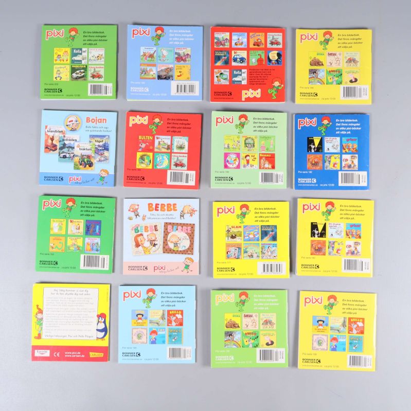 Baksidor av sexton Pixiböcker med färgglada illustrationer och barcodes