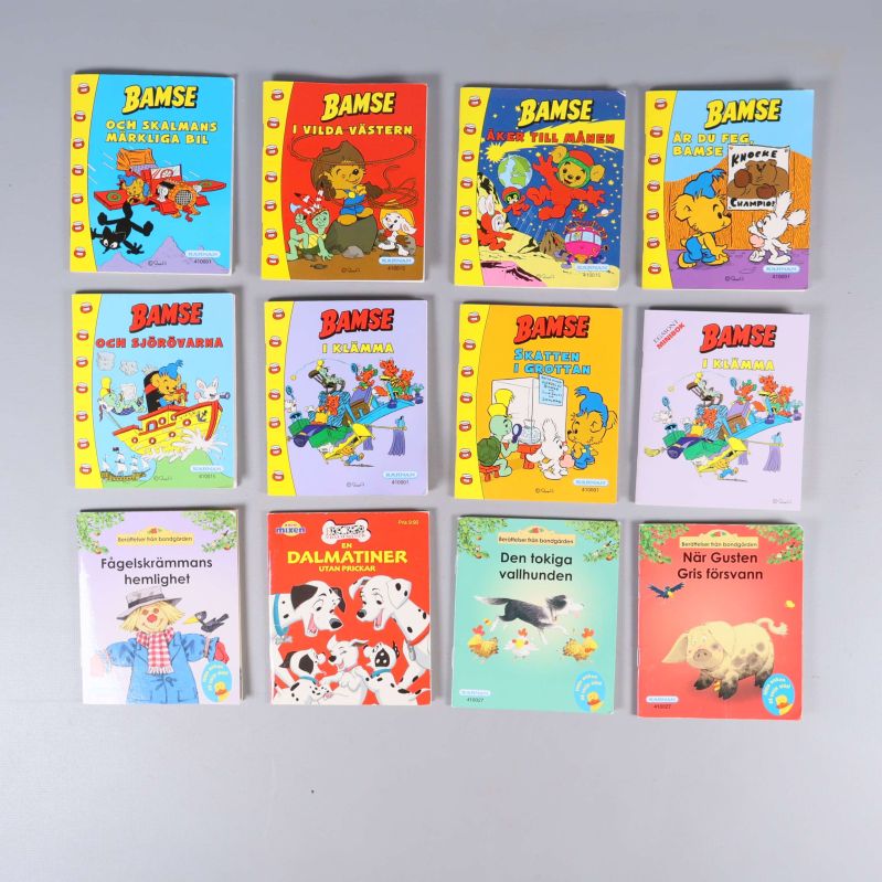 Tolv barnböcker i två rader, Bamse och sagor om bondgården