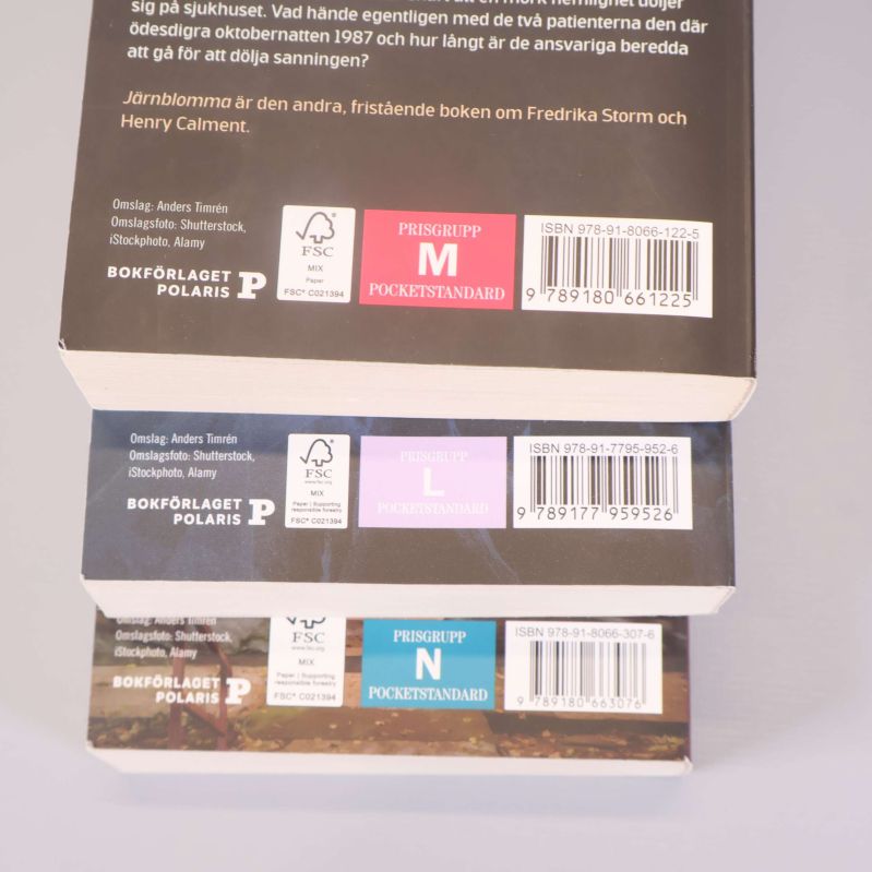 Närbild på baksidorna av böckerna med synliga ISBN-nummer och prisgrupper