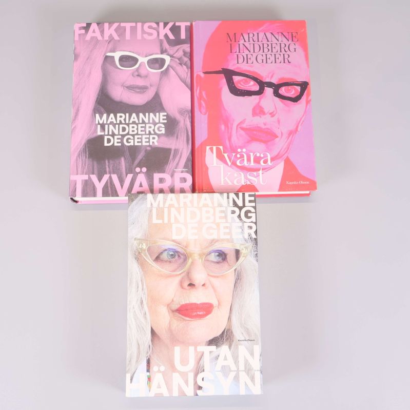 Tre böcker av Marianne Lindberg De Geer med färgstarka omslag och tydliga boktitlar
