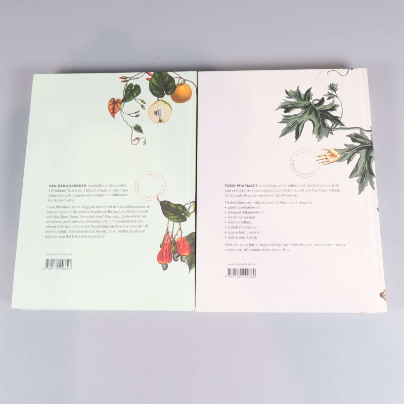 Baksidor av Food Pharmacy-böcker med beskrivningar och ISBN