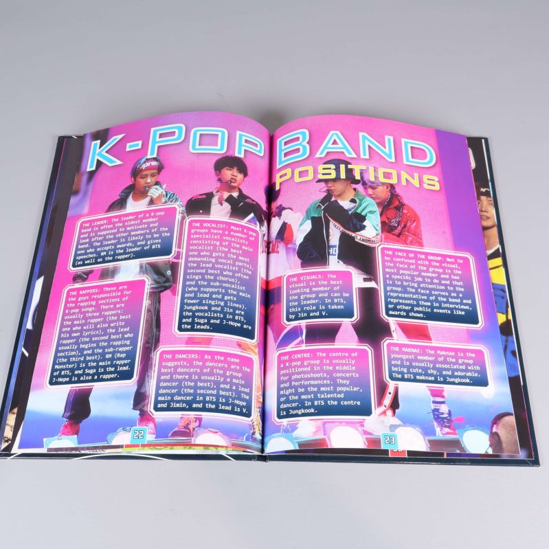 Uppslag ur BTS Army Handbook med färgstarka bilder och fakta
