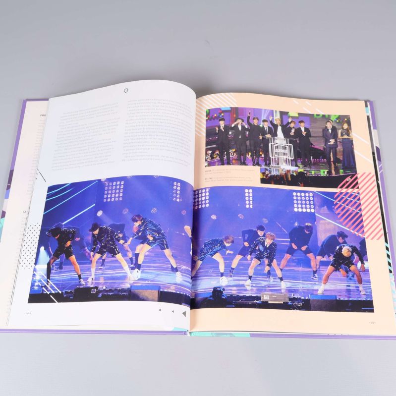 Uppslag ur BTS The Ultimate Fan Book med konsertbilder och gruppen på scen