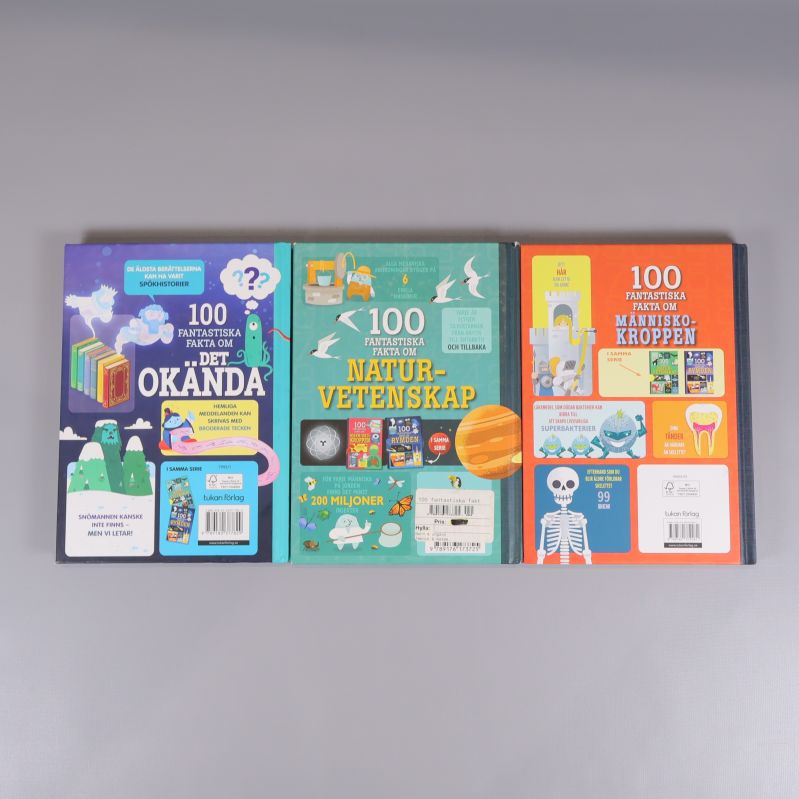 Baksidor av tre faktaböcker med illustrationer och bokinformation