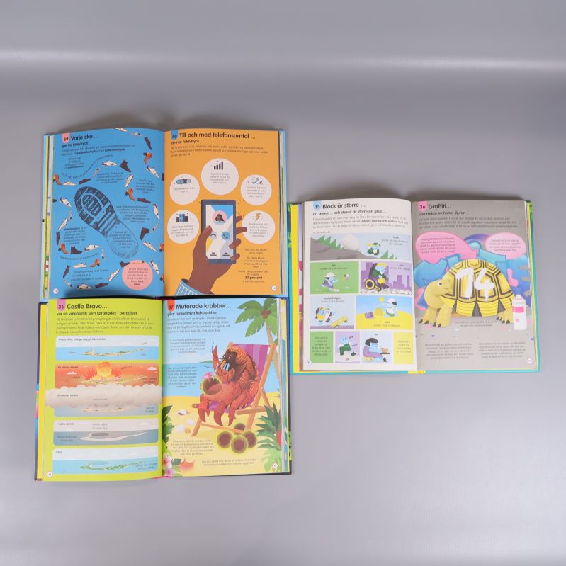 Uppslag ur böckerna visar illustrationer och lättlästa fakta