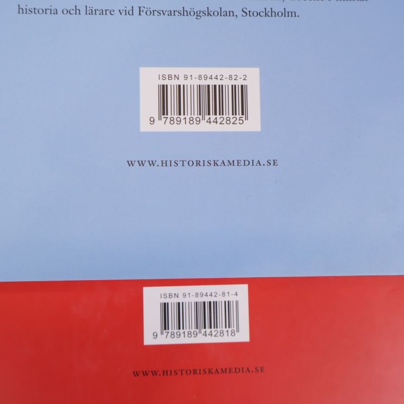 Närbild på två baksidor med ISBN och färgad bakgrund