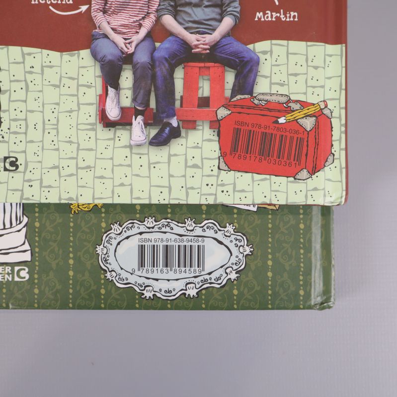 Två olika ISBN-nummer klart synliga vid streckkoder på baksidan av böckerna