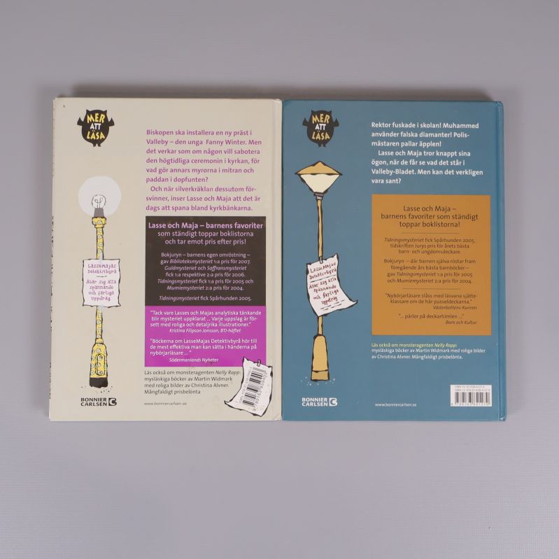 Baksidor av böckerna Kyrkomysteriet och Tidningsmysteriet med text och illustrationer