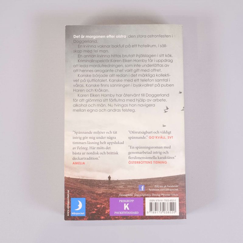 Baksida av pocketboken Felsteg, med beskrivningstext och recensioner